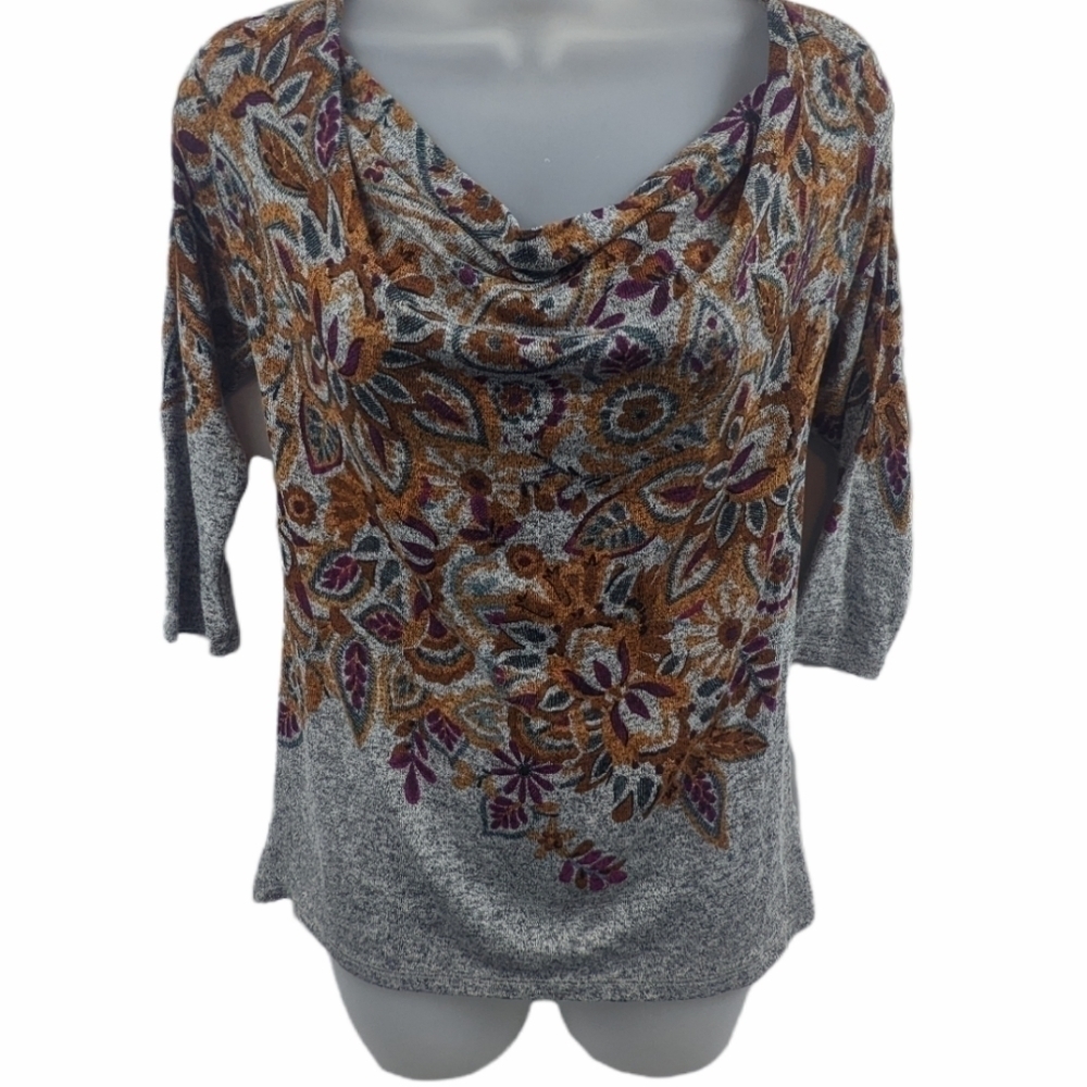 Postage Stamp Heathered Paisley Print Drape Scoop Neck Knit Sz S